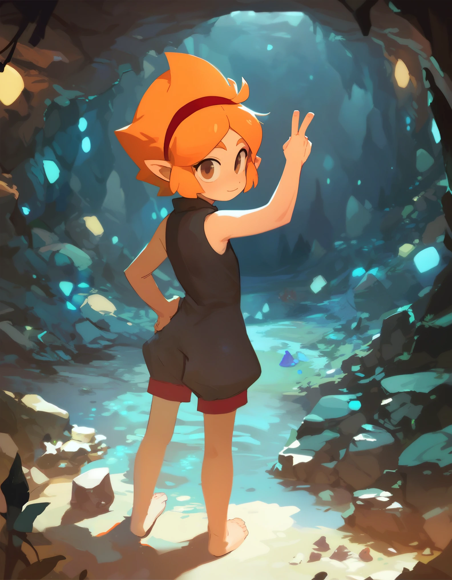 score_9, score_8_up, score_7_up,((best quality)), absurdres,ElelyPXL, orange hair, brown eyes,pointy ears,red hairband,sleeveless,baggy clothing,black clothes,slim,inside cave, blue lights,exploring,v sign,hand on hip,looking at viewer