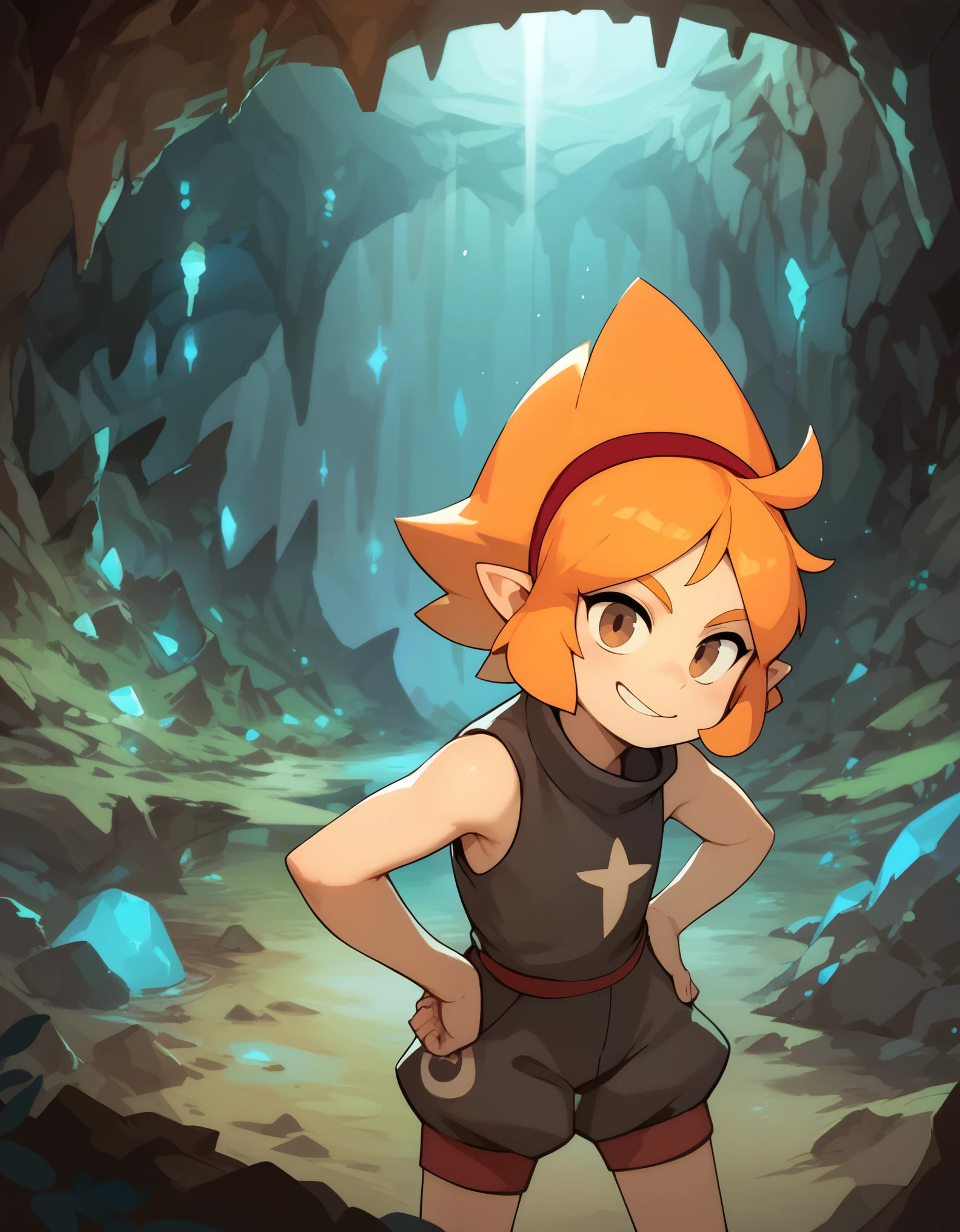 score_9, score_8_up, score_7_up,((best quality)), absurdres,ElelyPXL, orange hair, brown eyes,pointy ears,red hairband,sleeveless,baggy clothing,black clothes,slim,inside cave, blue lights,exploring,v sign,hand on hip,looking at viewer