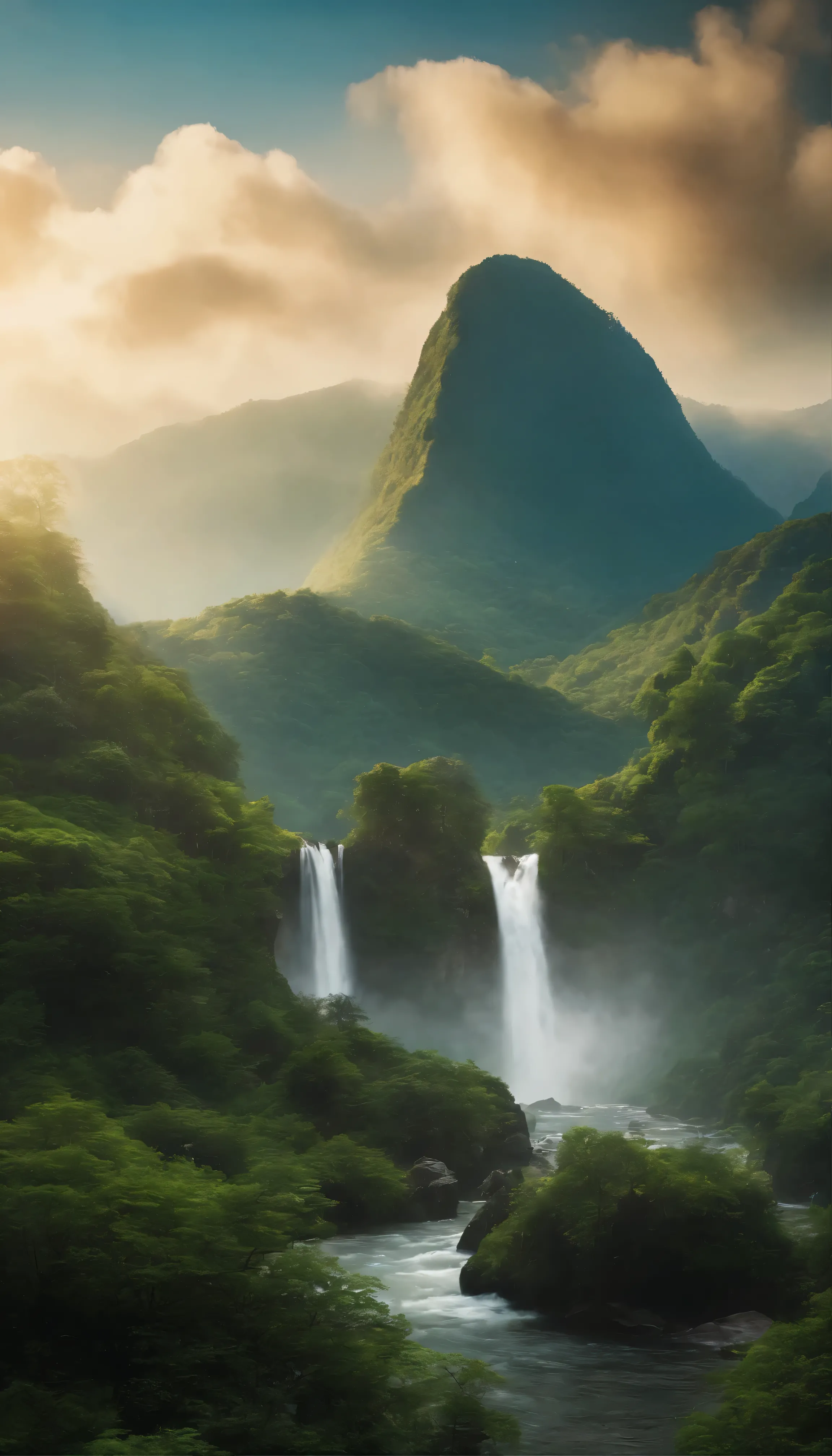 A fascinating masterpiece、Showcasing the highest quality and high resolution、Highly detailed CG created as Unity 8K wallpaper。This scene is set outdoors during the day, teeming with life.、It features a quiet sky covered with mysterious clouds.、I can&#39;t see anyone。A towering mountain covered in lush greenery and jagged cliffs々dominates the landscape、Rivers and tranquil lakes interweave the scene。In the blue sky、A veil of mist from the waterfall dots the、It flows down a rocky cliff。wood々Swaying gently、Adds rhythm to nature。