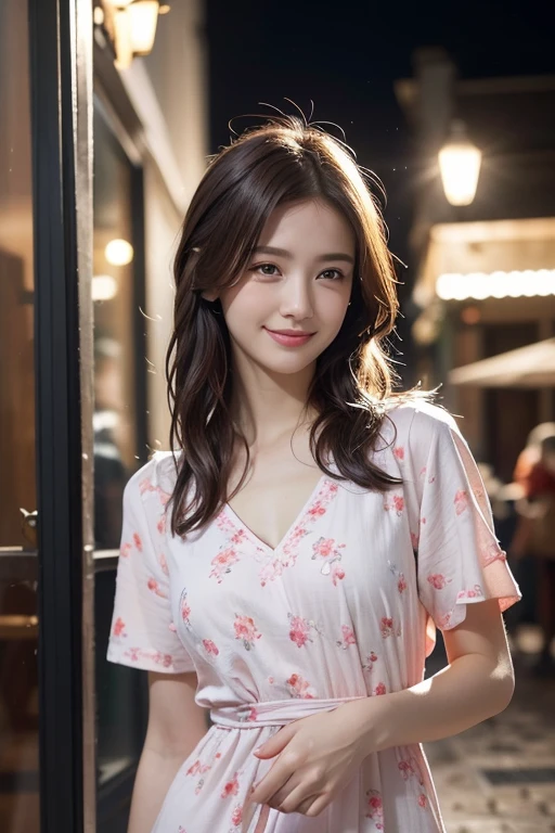 (8k, highest quality, masterpiece:1.2), (Realistic, photo-Realistic:1.37), Very detailed,((( 1 girl))),alone,beautiful and detailed sky,Detailed cafe,night,Are standing,date,(Blushing your nose),(smile:1.15),(Closed Mouth) Small breasts,beautiful and fine eyes,(shirt:1.1), night, Wet, rain, Floral One Piece Dress, (Medium Hair:1.2),Floating hair NovaFrogStyle, ((whole body)),stand, sexy, beautiful