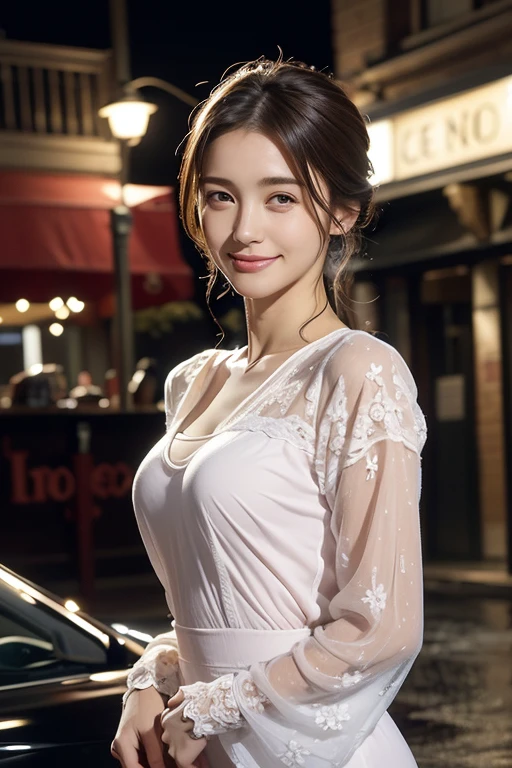 (8k, highest quality, masterpiece:1.2), (Realistic, photo-Realistic:1.37), Very detailed,((( 1 girl))),alone,beautiful and detailed sky,Detailed cafe,night,Are standing,date,(Blushing your nose),(smile:1.15),(Closed Mouth) Small breasts,beautiful and fine eyes,(shirt:1.1), night, Wet, rain, Floral One Piece Dress, (Medium Hair:1.2),Floating hair NovaFrogStyle, ((whole body)),stand, sexy, beautiful