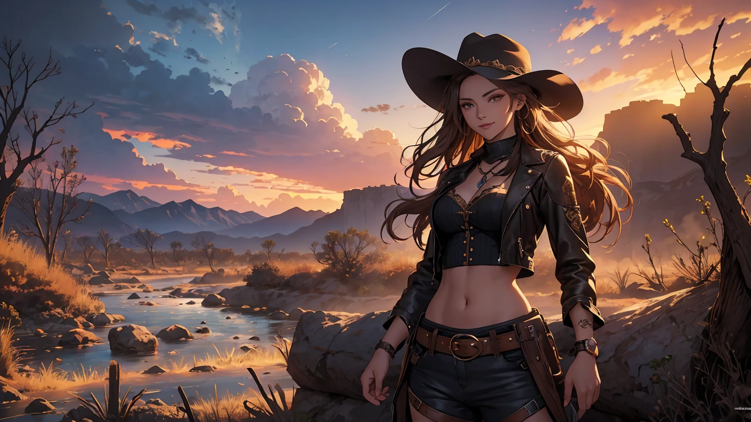 Arte de anime Genshin Impact: ((masterpiece: 1.2, 16k, super detail, best quality, accurate, high resolution, high quality)), (Wallpaper), Young cute cowgirl, age 18, super model, smiling, short brown leather jacket with open front, cowboy belt, brown cowboy hat, leather boots, braided hair, elegant posture, elegant cowgirl in the spotlight, illustrative style inspiration from the Charles Marion Russell, , strength, confidence, full body portrait, standing, top model pose, seductive expression, Full breasts, Tight shirt, Midriff, beautiful latin girl, looking at the spectators, beautiful and charming girl, perfect clean model face, exquisite facial features, detailed face, clear facial expressions, long wavy hair, gradient hair, beautiful detailed eyes, piercing and enchanting eyes, luscious lips, beautiful detailed glossy lips, rosy cheek, enchanting smile, perfect body, slim waist, dynamic poses, solo girl, wild west setting, plain of the American West, wide and warm old sky, the sunset, a desert with dry soil and sparse thorn trees, rocky mountains, winding river with vegetation on the banks, rusty railway track, rock formations, ruins of a miner's cabin, dilapidated railroad, complex background, very detailed illustration, Ultra-detailed CG, professional art, vibrant appearance, raw photo, (a majestic vision), (dramatic photo:1.4), cinematic, (HDR:1.5), (intricate details:1.1), natural colors, splendid lighting effects, (dramatic light), (Cinematic lighting), epic and surrealistic anime, detailed anime digital art, anime digital art, high-quality anime art style, award winning,