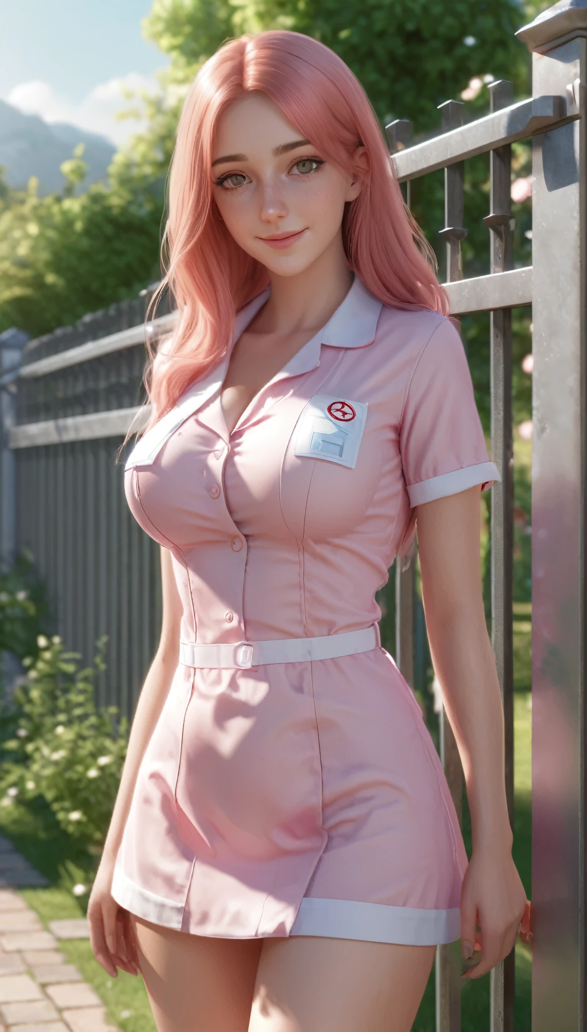 a 20 year old woman in a sexy revealing skimpy sheer nurse uniform open at the top, posing leaning on a fence, sunny park background, side boob, inspired by Elsie Few, thic, pink long hair, amber eyes, large breasts, smiling, distant full body view from head to feet, (complementary colors:1.2), (sharp focus:1.1), (Unreal Engine 5:1.2), (CGI:1.2), (high quality:1.2), (4K:1.1), (volumetric lighting:1.2), (highly detailed:1.3), (bloom:1.1), (micro details:1.2), (masterpiece:1.3), (luminescent:1.1), (aesthetic:1.3), (beautiful:1.3), (HDR:1.2), (dynamic composition:1.2), (captivating atmosphere:1.2), (immersive experience:1.3), (innovative design:1.2), (cinematic excellence:1.3), (timeless elegance:1.1), (visual storytelling:1.2), (technological marvel:1.2), (artistic finesse:1.3), (ethereal beauty:1.1), (creative brilliance:1.2)