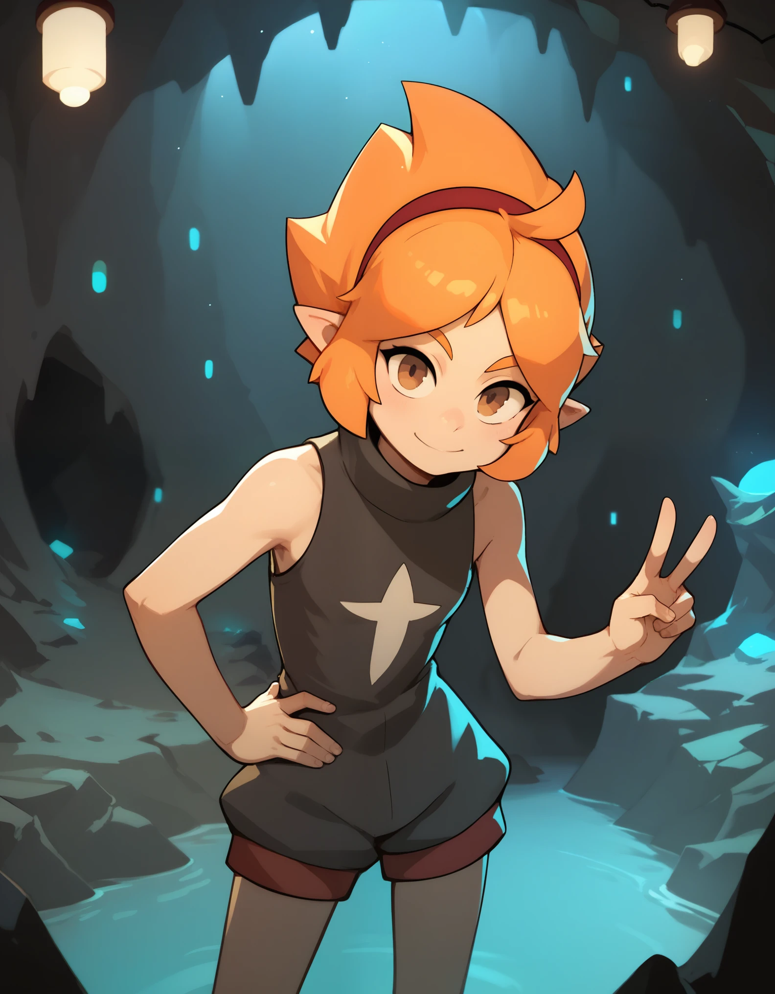 score_9, score_8_up, score_7_up,((best quality)), absurdres,ElelyPXL, orange hair, brown eyes,pointy ears,red hairband,sleeveless,baggy clothing,black clothes,slim,inside cave, blue lights,exploring,v sign,hand on hip,looking at viewer