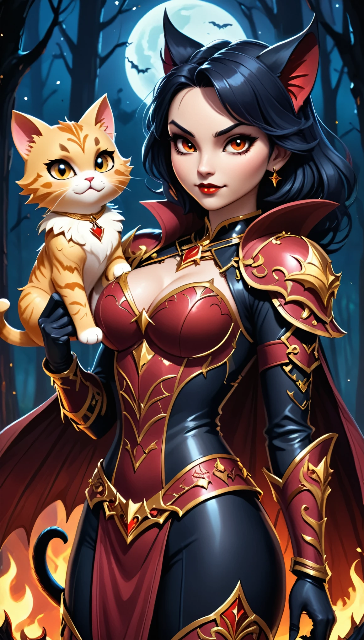 Professional epic cartoon style postcard ornate with intricate symbols, (masterpiece in maximum 16K resolution, superb quality, ultra detailed:1.3), (extreme close-up) of solo (exotic female vampire warrior:1.3) in full ornate armor suit with golden embellishments, ((holding a cute big cat with both hands)), amidst the fiery menacing forest at dark night, fire in the background.