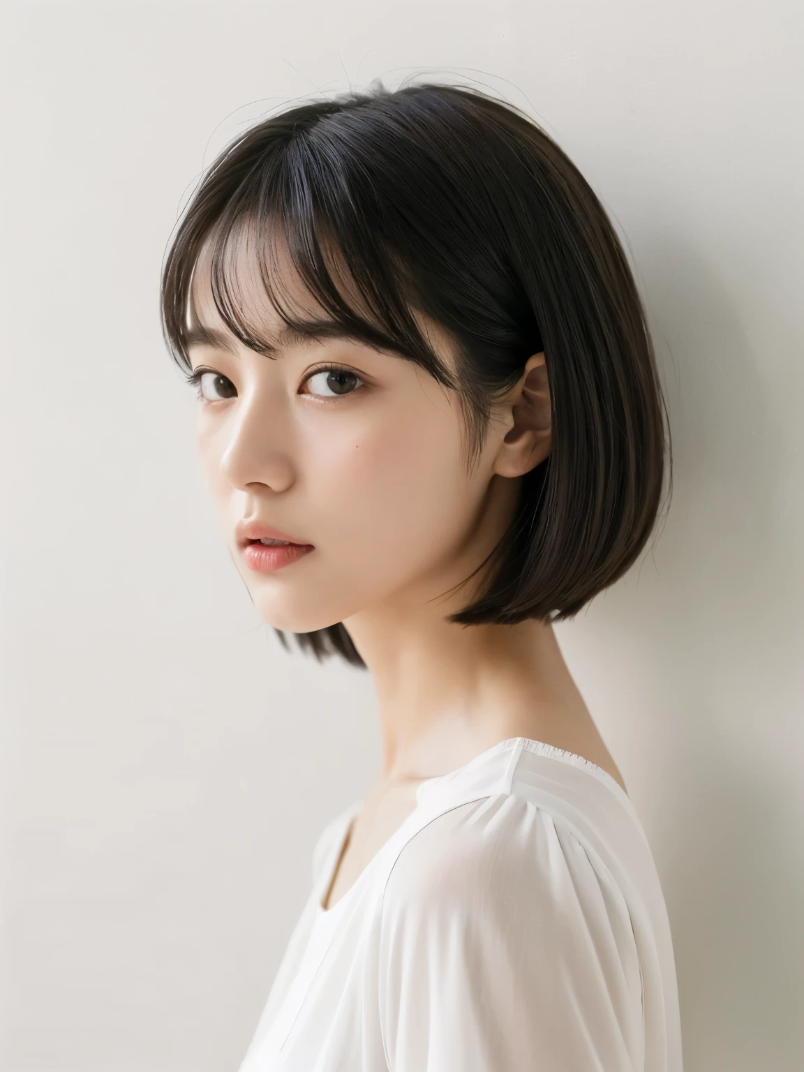 Stylish short sleeve tops、profile、Silky Hair、30-year-old woman(White wall as background、A little short hair、Straight Hair:1.4)、White wall、In front of the white door、(A room with a white wall and a window)、((highest quality、8k、masterpiece:1.3))、Ultra-high resolution、(photoGenuineistic:1.4)、RAW Photos、Japanese,(detailed aspects)、Genuine、Photographed in natural light、Highly detailed face and skin texture、Highly detailed lips、The correct state of the human body、Medium Hair、Black Hair、Mr.々A pose、Natural color lip、Shiny Hair、Don&#39;Don&#39;t look at the camera