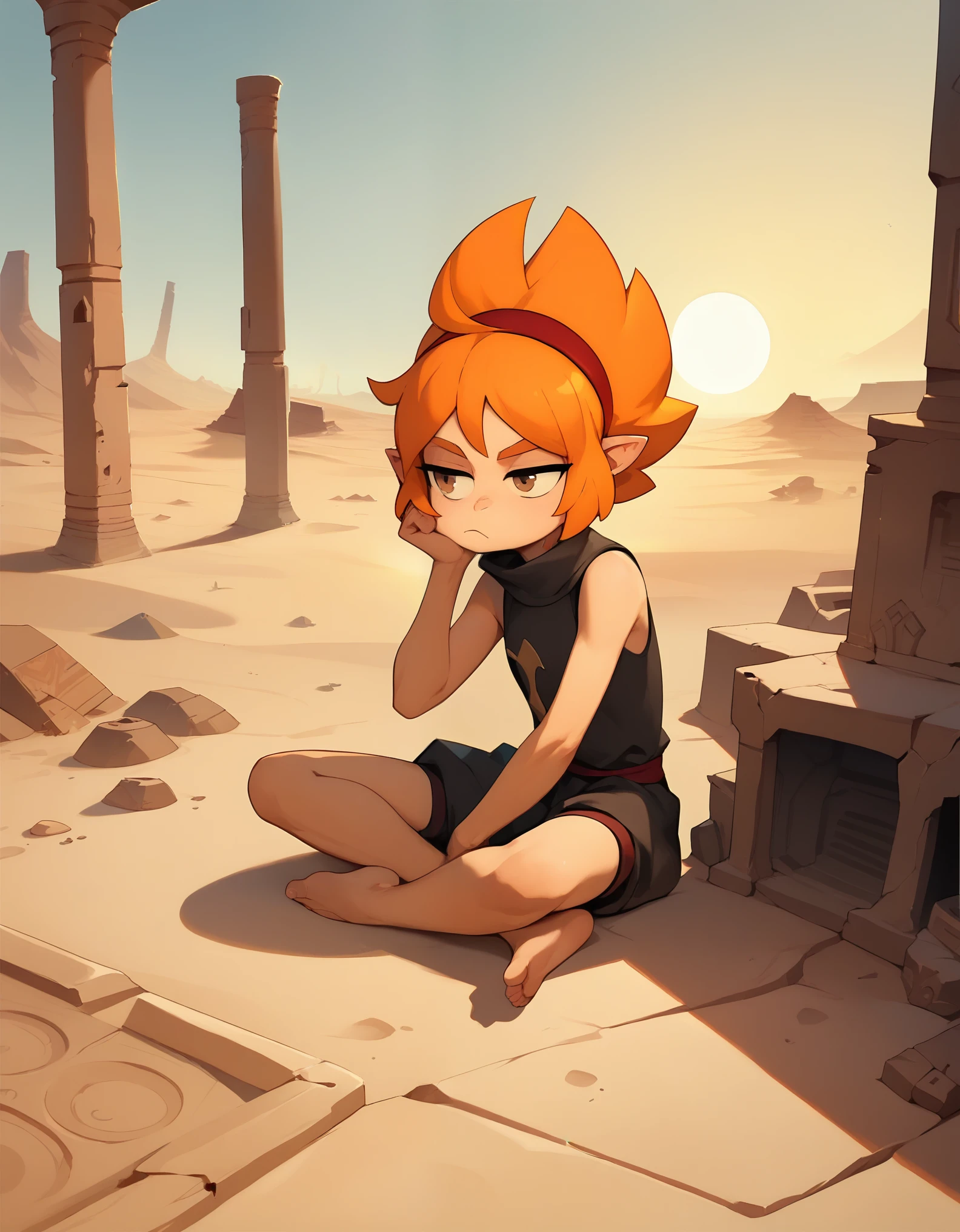 score_9, score_8_up, score_7_up,((best quality)), absurdres,((full body)),ElelyPXL,barefoot, orange hair, brown eyes,pointy ears,red hairband,sleeveless,baggy clothing,black clothes,slim,bored, desert,ruins,sun