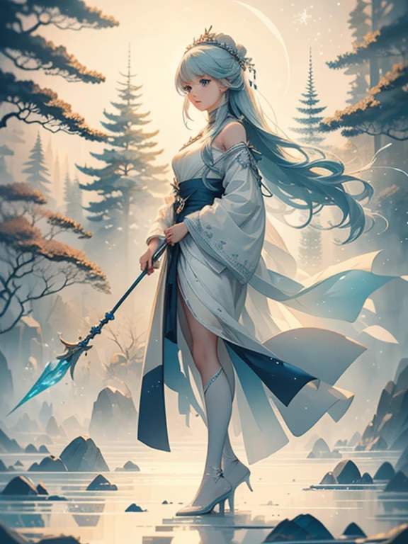 An icy and pristine artwork of a serene female character in a cold, wintry landscape. The full-body view reveals her dressed in blue and white clothes that mirror the icy surroundings. Her medium-length blue hair and light blue eyes radiate a cool, calming beauty. She holds an ice staff, embodying the essence of winter's purity.

The setting is a snowy forest with frost-covered trees and a frozen lake that glistens in the pale light. Snowflakes gently fall from the sky, and the air is crisp and clear, creating a serene and pristine atmosphere that enhances the character's icy elegance.
