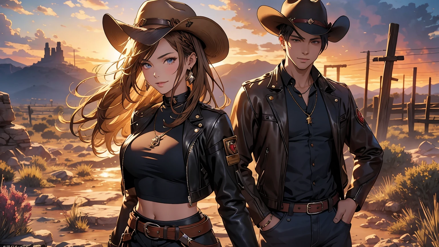 Arte de anime Genshin Impact: ((masterpiece: 1.2, 16k, super detail, best quality, accurate, high resolution, high quality)), (Wallpaper), Young cute cowgirl, age 18, super model, smiling, short brown leather jacket with open front, cowboy belt, brown cowboy hat, leather boots, braided hair, elegant posture, elegant cowgirl in the spotlight, illustrative style inspiration from the Charles Marion Russell, , strength, confidence, full body portrait, standing, top model pose, seductive expression, Full breasts, Tight shirt, Midriff, beautiful latin girl, looking at the spectators, beautiful and charming girl, perfect clean model face, exquisite facial features, detailed face, clear facial expressions, long wavy hair, gradient hair, beautiful detailed eyes, piercing and enchanting eyes, luscious lips, beautiful detailed glossy lips, rosy cheek, enchanting smile, perfect body, slim waist, dynamic poses, solo girl, wild west setting, plain of the American West, wide and warm old sky, the sunset, a desert with dry soil and sparse thorn trees, rocky mountains, winding river with vegetation on the banks, rusty railway track, rock formations, ruins of a miner's cabin, dilapidated railroad, complex background, very detailed illustration, Ultra-detailed CG, professional art, vibrant appearance, raw photo, (a majestic vision), (dramatic photo:1.4), cinematic, (HDR:1.5), (intricate details:1.1), natural colors, splendid lighting effects, (dramatic light), (Cinematic lighting), epic and surrealistic anime, detailed anime digital art, anime digital art, high-quality anime art style, award winning,
