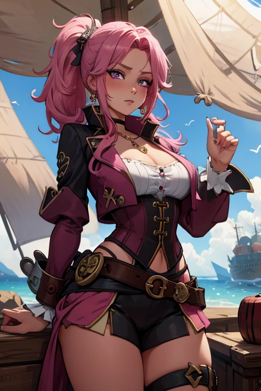 A pink haired female pirate with violet eyes with an hourglass figure in a pirate outfit is blushing in a flurry of shooting stars on a pirate ship