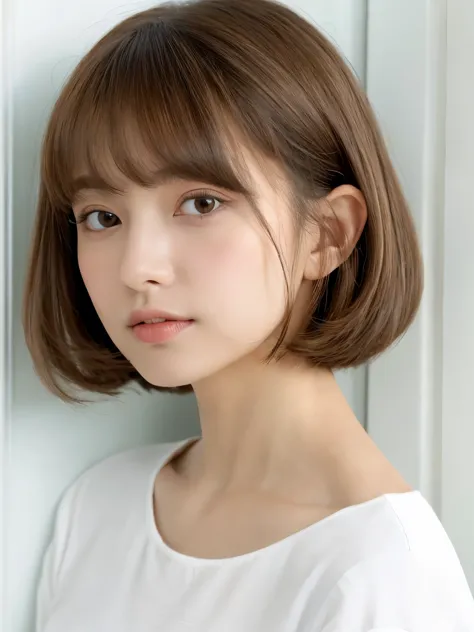 close-up of a brown-haired woman in a white shirt, shoulder-length hair, shoulder - length hair, medium length hair, curtain ban...