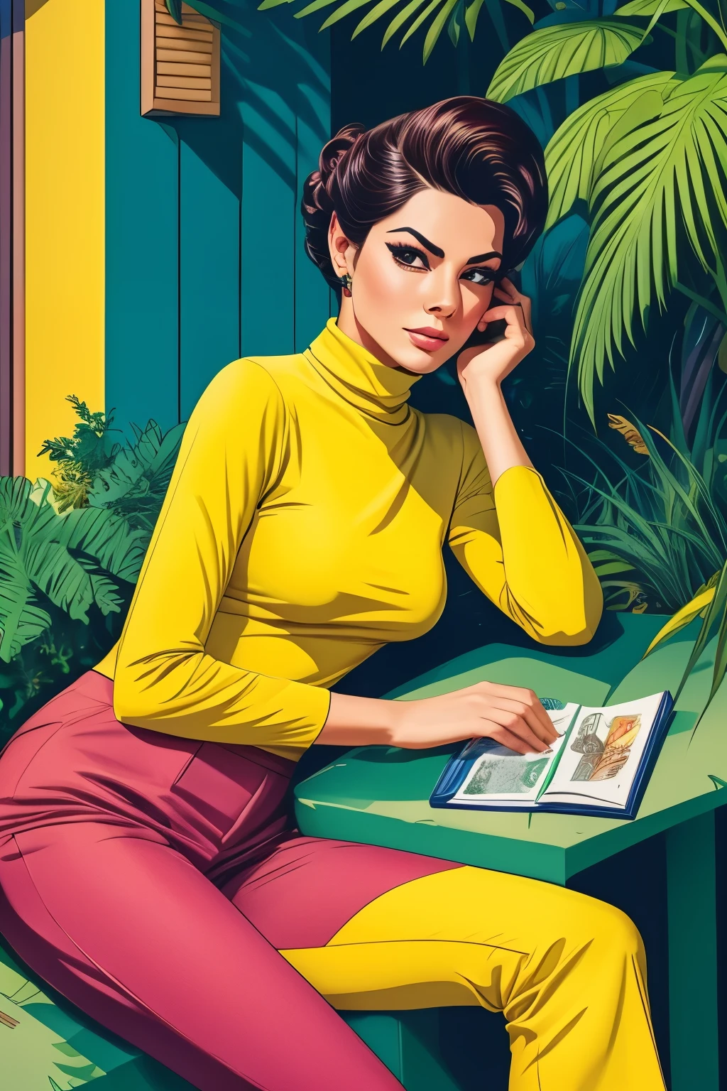 (SFW)1 mulher com cabelos ruivos presos em um penteado estiloso, wearing a yellow turtleneck and green pants. She is sitting outside, surrounded by lush vegetation, with a map and other objects scattered around you. Your facial expression suggests a certain frustration or irritation. The illustration has an art style characteristic of comic books