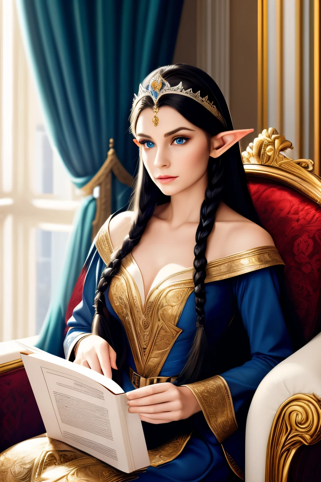 Artwork, best quality, 1 female elf, 1 woman, long black hair in braids, royal tiara on head, (Elf Queen), blue eyes, huge bust, looking at viewer, disapproving look, royal hall, Alone, Beautiful 25 year old elf wearing queen's attire, sitting in an armchair reading a book, expressive scene