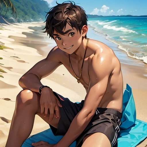 （tmasterpiece，Best quality at best，absurd res），1 person，18 year old boy, short spiked dark brown hair, slim body, golden skin, brown eyes, black and blue swim trunks, smiling, sitting with one arm around knee, (beach background)