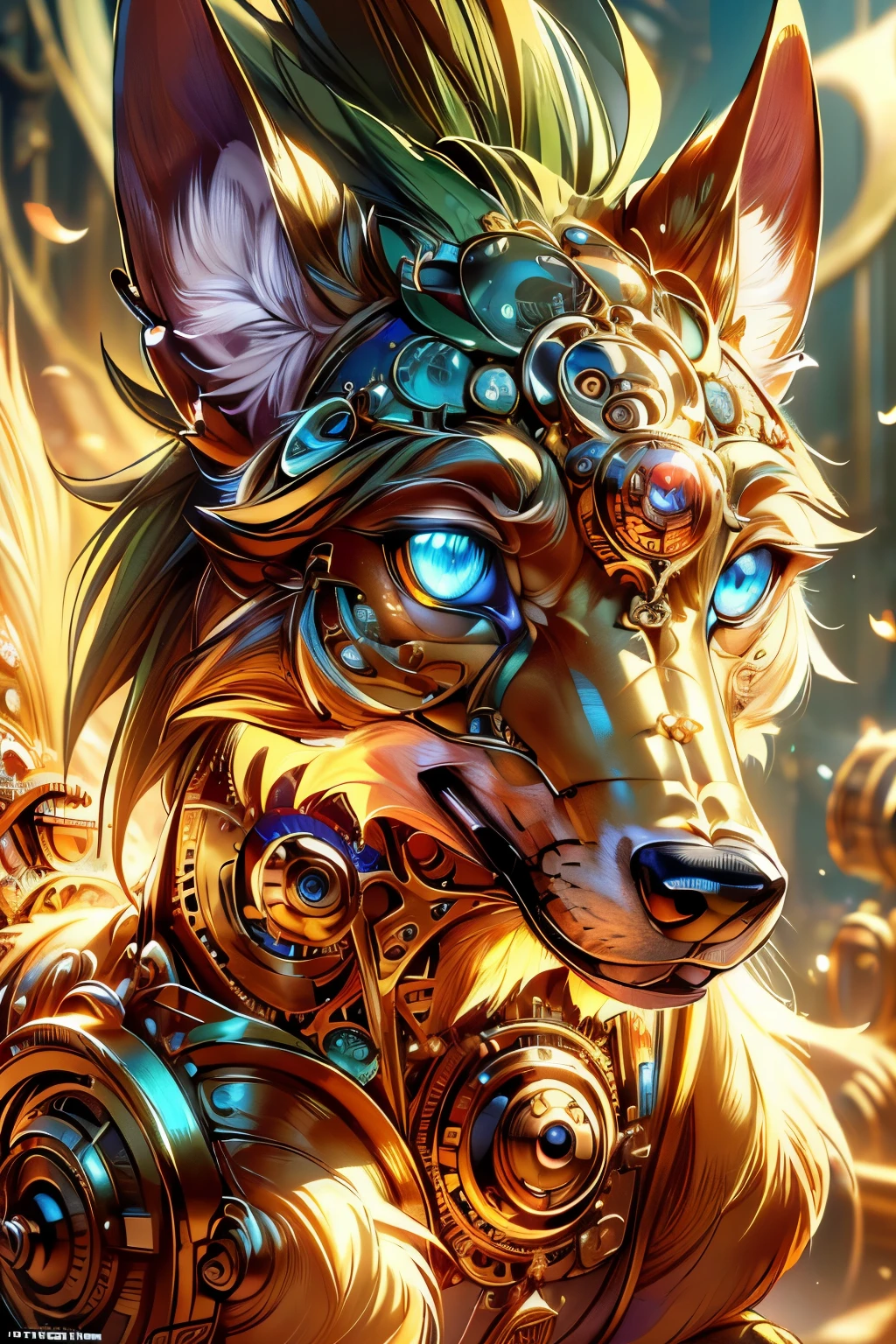 (Masterpiece, Committed to ultra-high definition and vivid colors, Super detailed, Attention to detail, highest quality, 8K, 16K, Exquisite detail, A style that combines romanticism and realism, High resolution, Perfect Anatomy), Wolf, steampunk, Illustration of intricate gears, in focus with blurred background