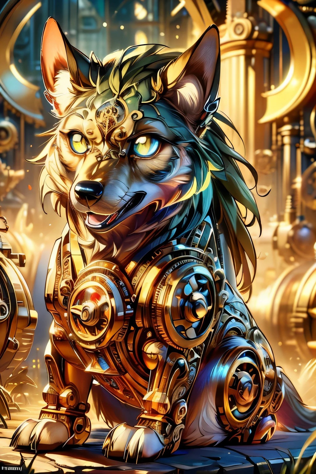 (Masterpiece, Committed to ultra-high definition and vivid colors, Super detailed, Attention to detail, highest quality, 8K, 16K, Exquisite detail, A style that combines romanticism and realism, High resolution, Perfect Anatomy), Wolf, steampunk, Illustration of intricate gears, in focus with blurred background