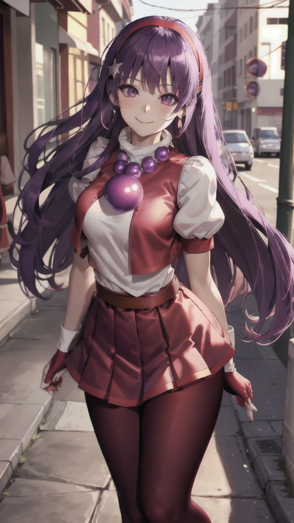 (masterpiece), (best quality), (ultra-detailed), intricate detail, athena97, 1girl, solo, purple eyes, purple hair, long hair, white earrings, red hairband, star hair ornament, medium breats, red vest, white turtleneck, white puffy sleeves, short sleeves, red pleated skirt, (deep red pantyhose:1.2), black pantyhose, yellow belt, purple sphere shape necklace, red fingerless gloves, white short socks, red shoes,   (outdoors), photography, smile, blush, sunny, nsfw, cowboy shot, blurry background, street background,