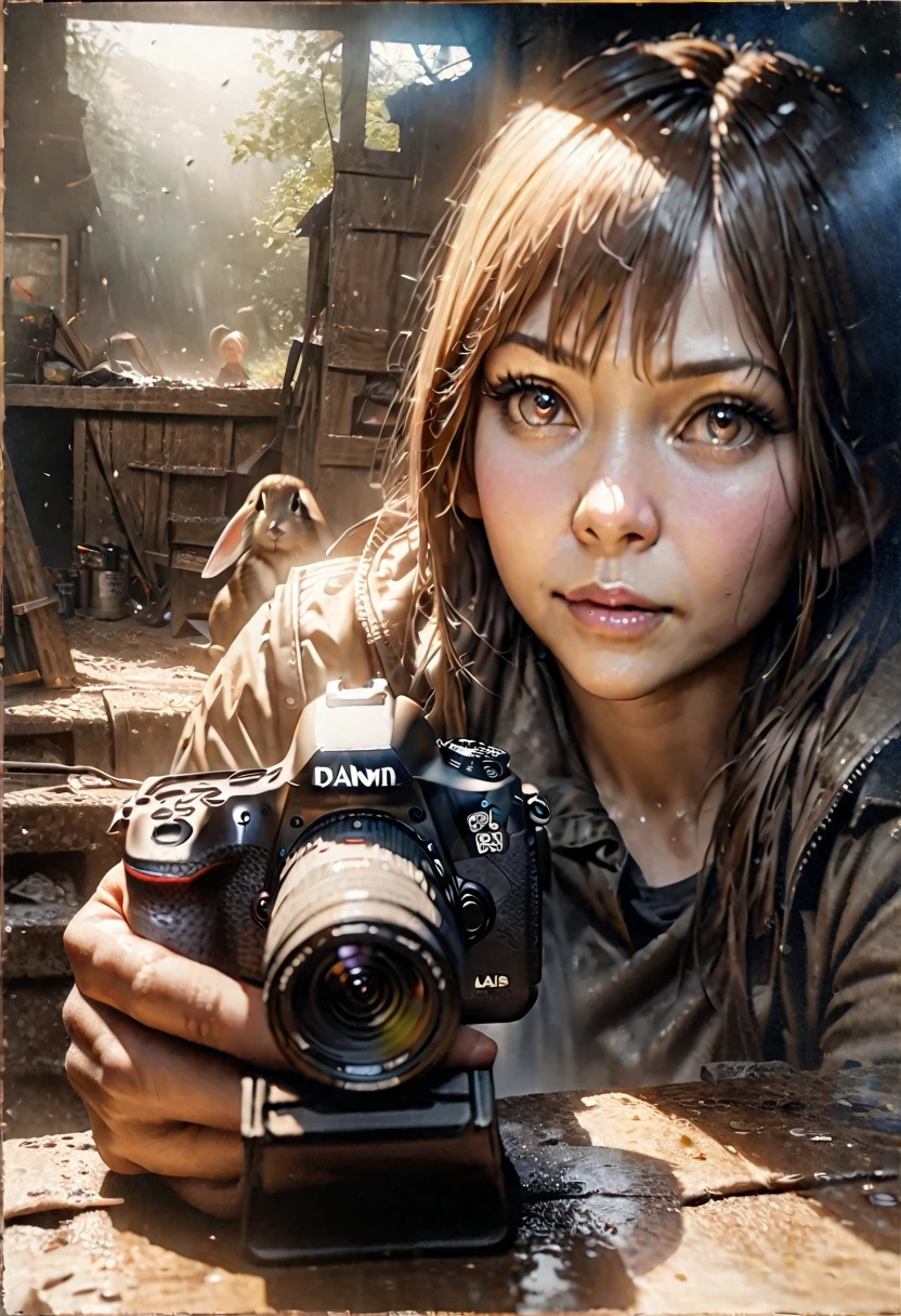 un portrait très détaillé d&#39;une femme tireur d&#39;élite de l&#39;armée américaine dans une cabane abandonnée se mettant à l&#39;abri de la pluie, tenant un fusil de sniper, 1 lapin assis et regardant la caméra du point de vue d&#39;un lapin, (Meilleure qualité,8k,hyperRéaliste,chef-d&#39;œuvre:1.2),ultra-détaillé,(Réaliste,photoRéaliste,photo-Réaliste:1.37),HDR,UHD,éclairage de studio,Peinture ultra fine,netteté,Rendu basé sur la physique,description extrêmement détaillée,professionnel,Couleurs vives,bokeh,portrait,la photographie,Éclairage cinématographique,atmosphère dramatique,lunatique,couleurs désaturées,tons froids