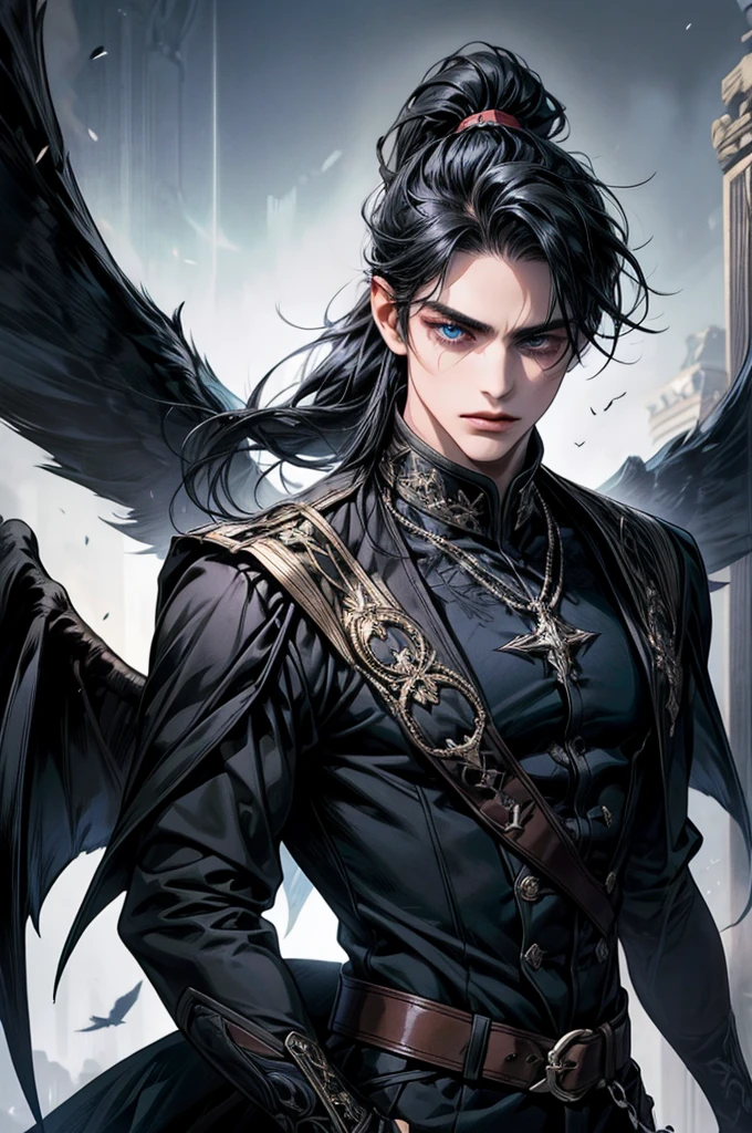 A boy with medium-length black hair in a ponytail, an X-shaped fringe, demon and black wings, wearing an elegant outfit, blue eyes, and a scar on his left eye