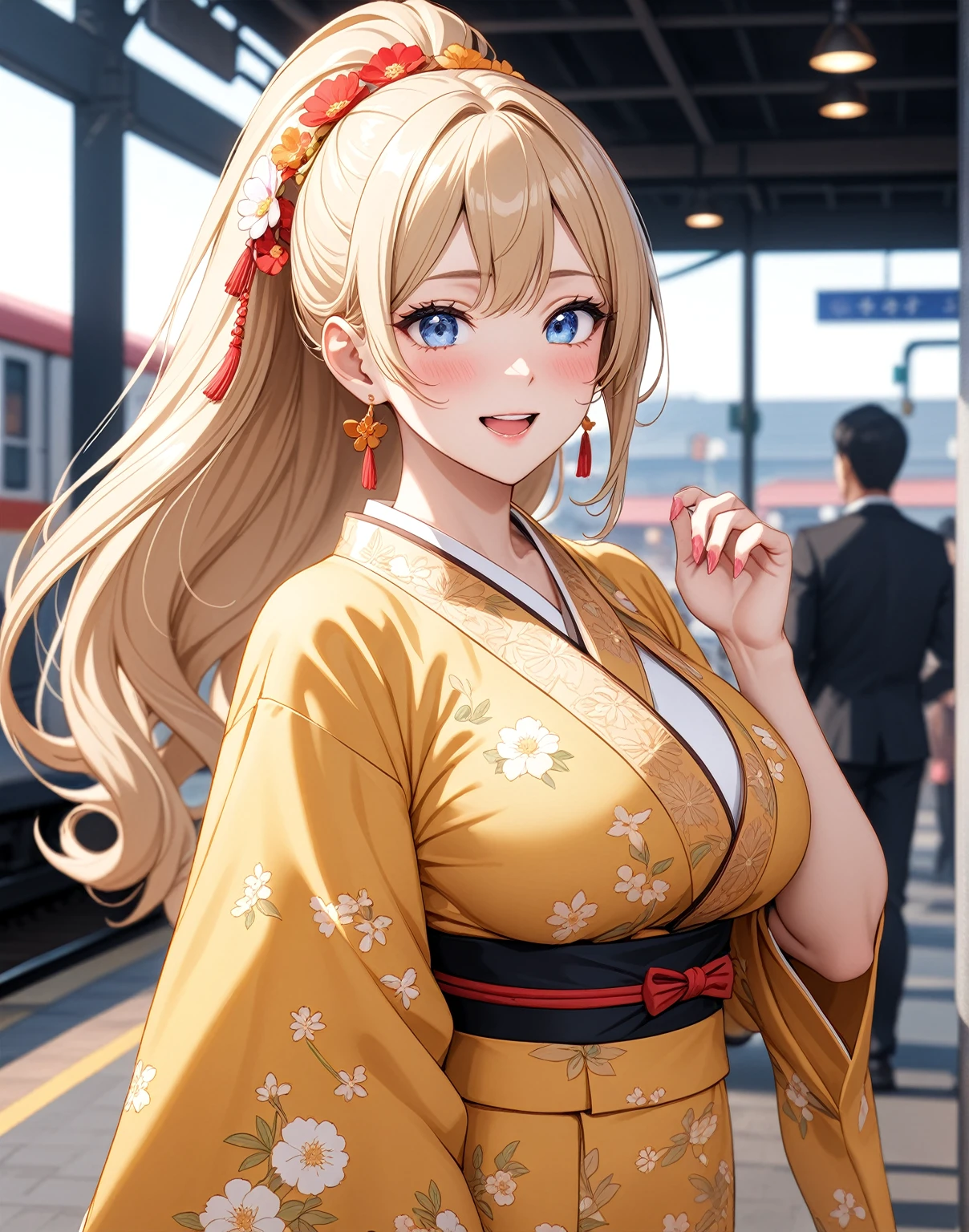 ((One woman)), Beautiful Face,Laughing embarrassedly,Blushing,Glossy pink lips,Daytime,Meet at the station platform, ((Anime style background)),masterpiece, highest quality, so beautiful, up to date, Complex details, (Pink long nails),AI-generated, Complex,High resolution, highest quality, super high quality,3D Images、View the viewers、3D Images,one person,Long Blonde Hair,High Ponytail,blue eyes,Anime woman posing for a photo, [[Fine grain、Colorful eyes、Shining Eyes:1.15]],(Squint your eyes:1.1),a hyperRealistic , hyperRealistic , Realistic,Blonde anime woman with long hair, Smooth anime CG art, A woman in a gold embroidered kimono, (Yellow kimono),Floral pattern,Long flower hair ornament,Big earrings,(Large Breasts:1.2),Mature Body,tall,Big Ass,Fine details,Narrow waist,Six-pack,Wave one hand to the audience