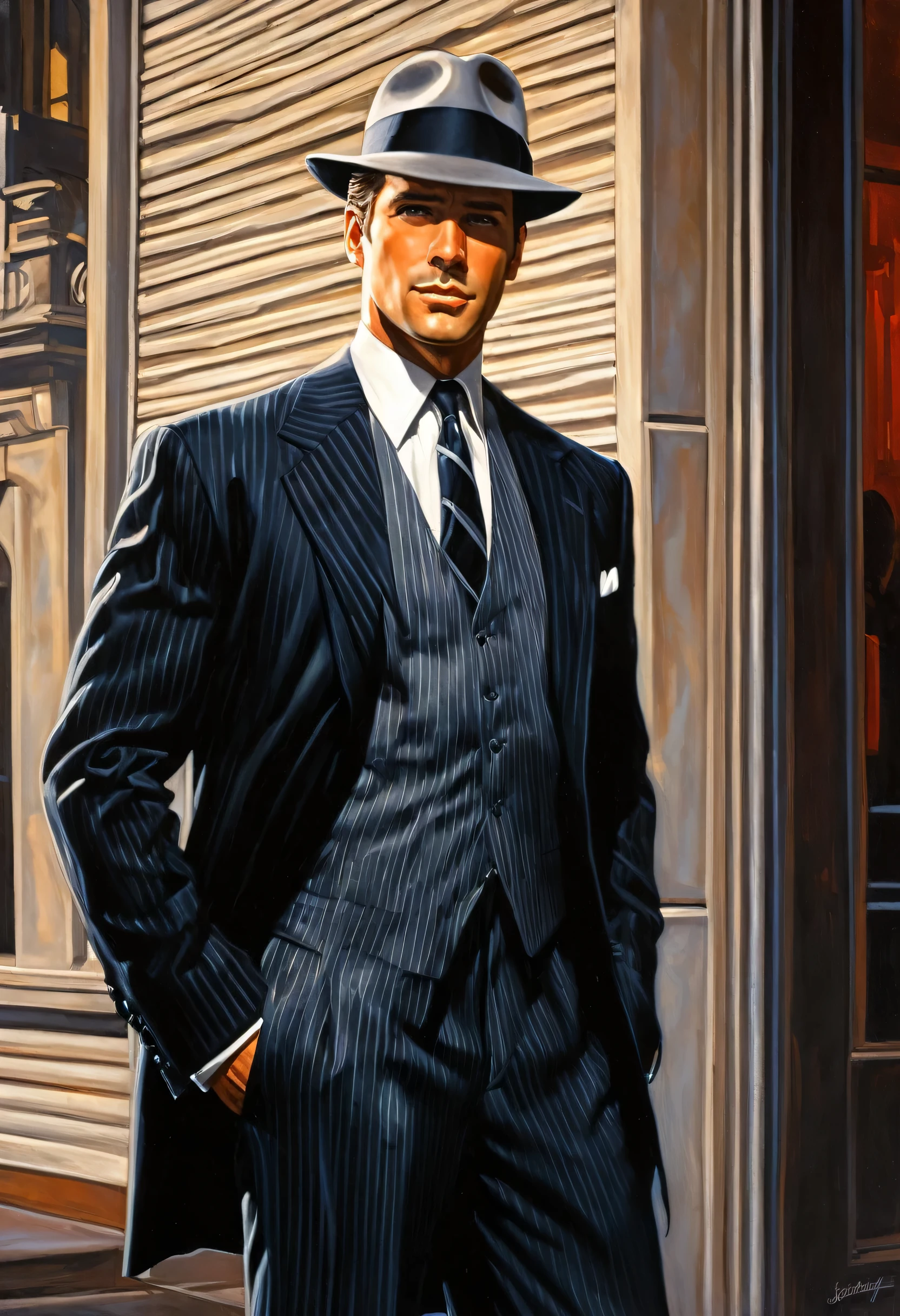 painting of a man in a suit and tie in front of a building, noir detective and a felt hat, estilo de tim hildebrandt, inspirado em Art Frahm, estilo de Raymond Swanland, no estilo de Steve Henderson, John Watkiss, neo - estilo preto, inspirado em F Scott Hess, a man in a suit and hat, inspirado em F. Scott Hess