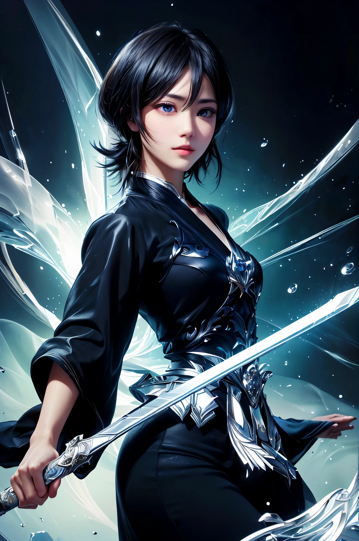 Close-up of a woman holding a sword in a dark room, she is holding a knife sword, unsheathing her knife, knife, knife zero, knife zero video game character, inspired by Kusumi Morikage, Artgerm Comics, Amazing Anime 8K, She has a sword, zenescope，（8K，RAW Photos），（Best Quality），（Masterpiece Loose），（Realistic，）（写実的でRealistic），（High resolution），Hyper Detail，（Gentel Realism：1.1），Beautiful Face， （1 Female：1.1），High resolution), (8k), (Very detailed), (4K), (Pixiv), Perfect Face, Beautiful eyes and face, (highest quality), (Very detailed), Detailed face and eyes, (alone), Textured skin, Absurd, High resolution, 