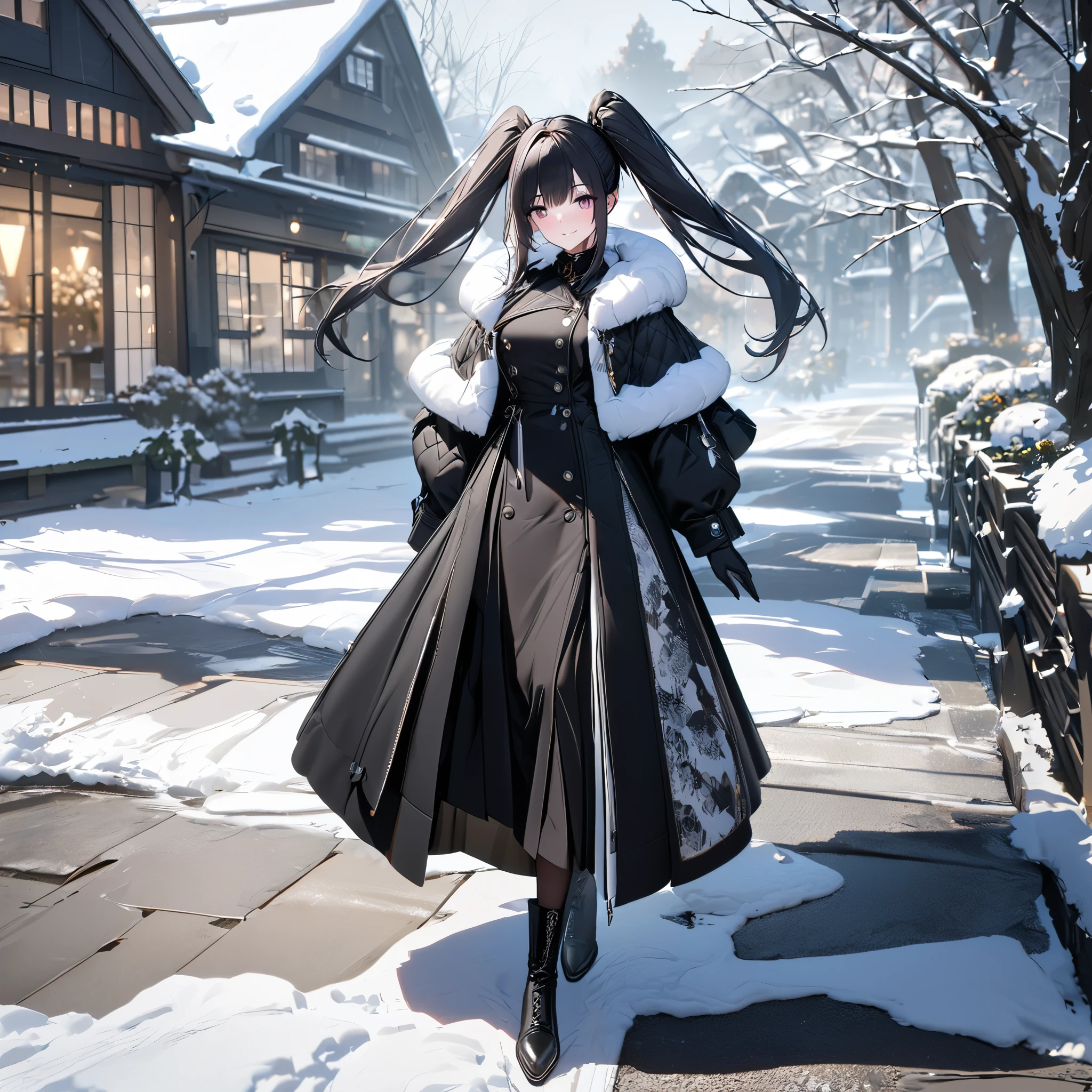 A woman wearing a luxury black coat with white details, black skirt, black tights, black leather boots, long black hair, pigtails, black gloves, burgundy eyes, smiling, walking on a modern concrete sidewalk, atmosphere of Winter in place with trees and house covered in snow, full body.shadow, flower, UHD, masterpiece, accurate, anatomically correct, textured skin, super detail, high quality, best quality, 8k, high resolution, bokeh effect.( solo woman)

