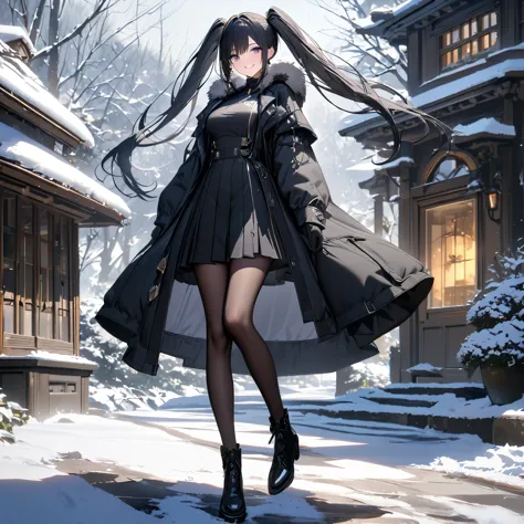 a woman wearing a luxury black coat with white details, black skirt, black tights, black leather boots, long black hair, pigtail...