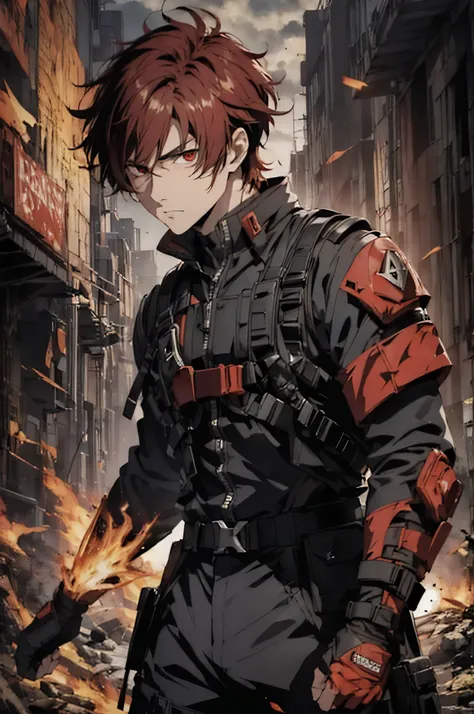 (absurdres, highres, ultra detailed), masterpiece, best quality, a man in a black outfit, red hair, battojutsu stance, solo, han...