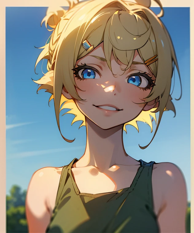 １Girl、Short blonde bob hair tied into a bun with a hair clip, Blue eyes、He smiles、Really looks like、Khaki tank top、Upper body close-up、Morning Café Terrace、Blur background, Depth of written borders