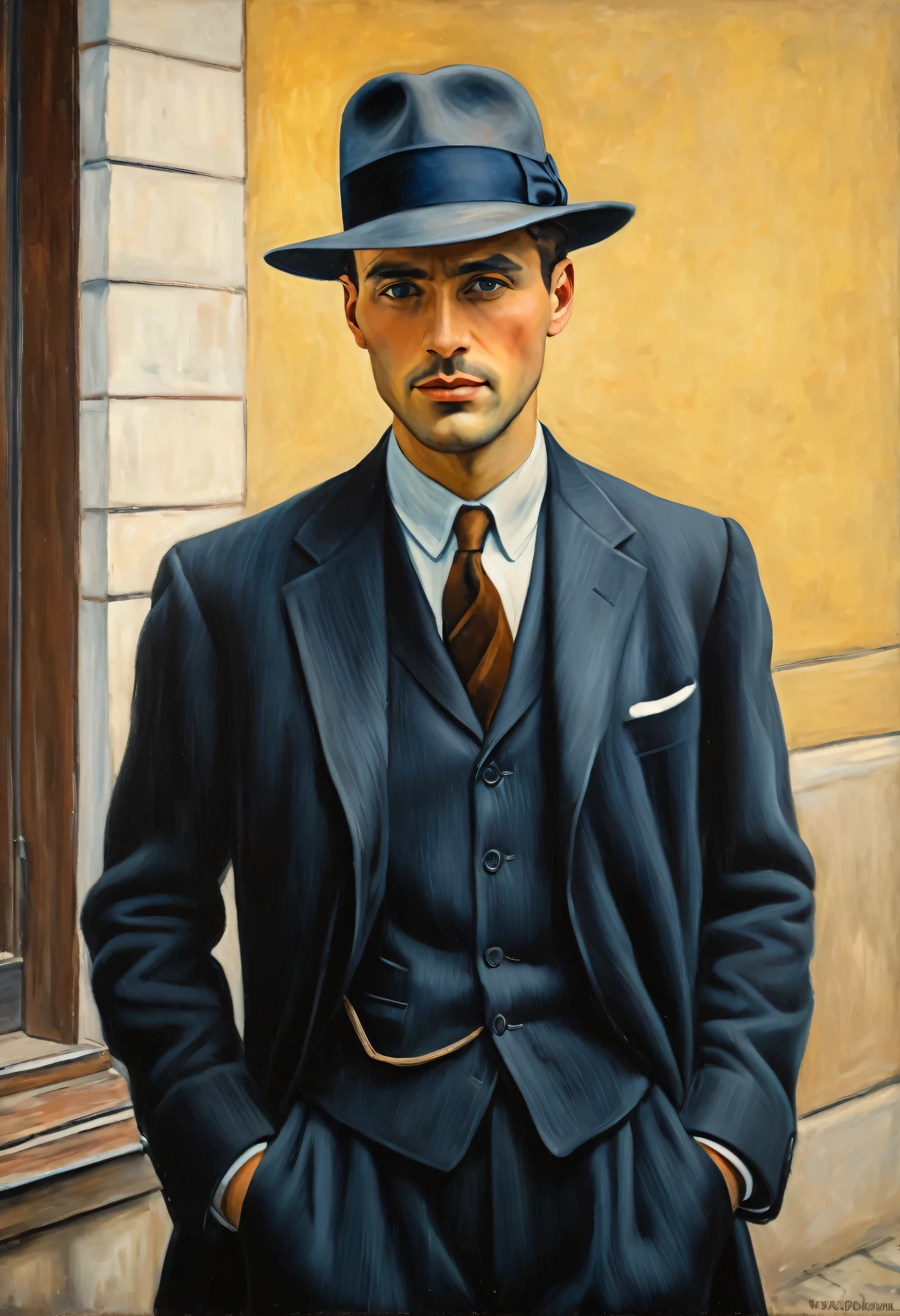 Oil painting of handsome and masculine man in a suit and tie an hat in front of a building, noir detective and a felt hat, anos 50, Belo retrato, linda pintura, detalhes intrincados, studio light, estilo Leonardo da vinci, van gogh, renoir, degas