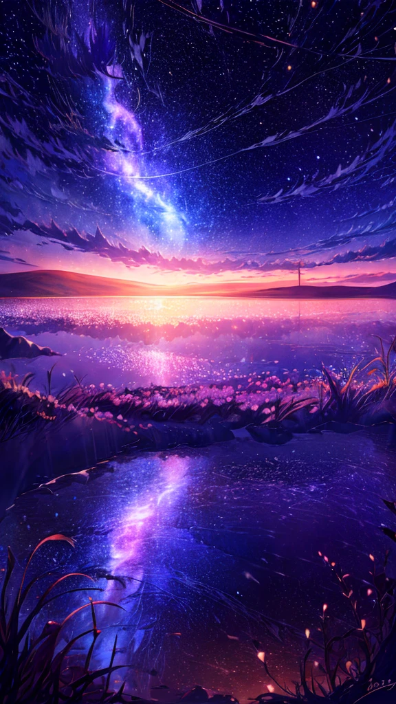 Draw a landscape with a huge, shining Cherry tree.., starry sky,Colorful nebulae and your favorite constellations,There are no people,background only,milky way,Cherry tree