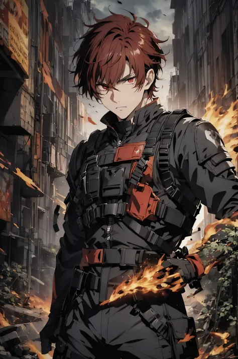 (absurdres, highres, ultra detailed), masterpiece, best quality, a man in a black outfit, red hair, battojutsu stance, solo, han...