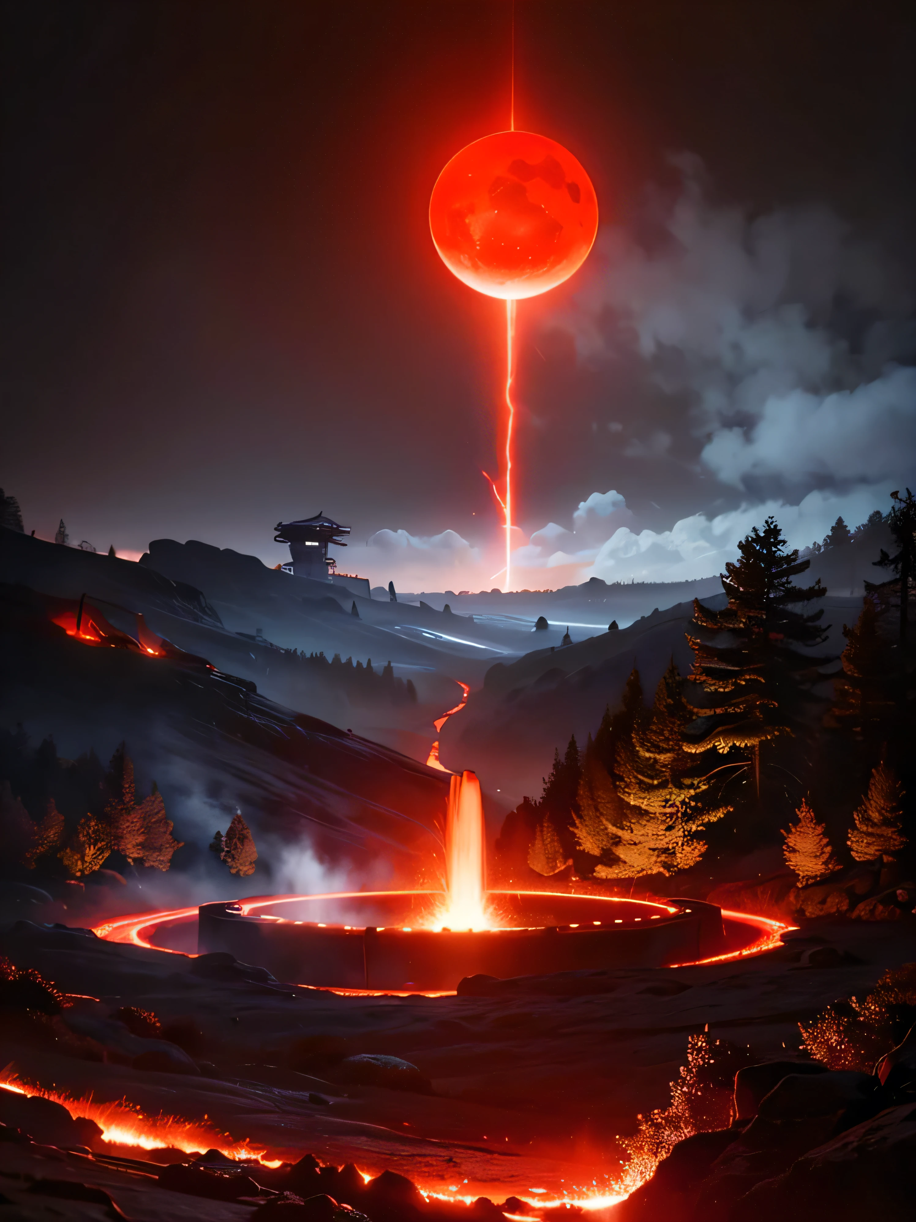 cybernetic earth with a red light inside, mechanized earth crust, the earth sprouts lava, earth's red mantle is visible, hollow earth, vtm, canyons and ridges all across earth, geyser of fire coming out of earth 
