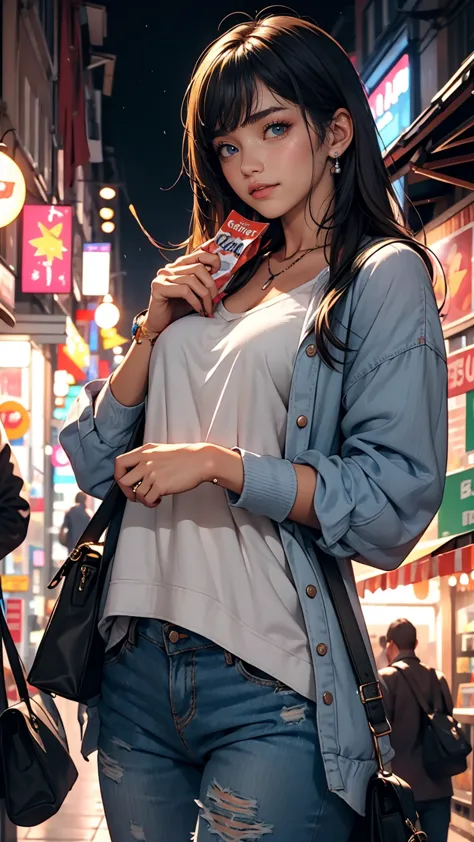Vibrant night market. Woman wearing casual clothes, Carrying snacks, Her face is full of joy and satisfaction