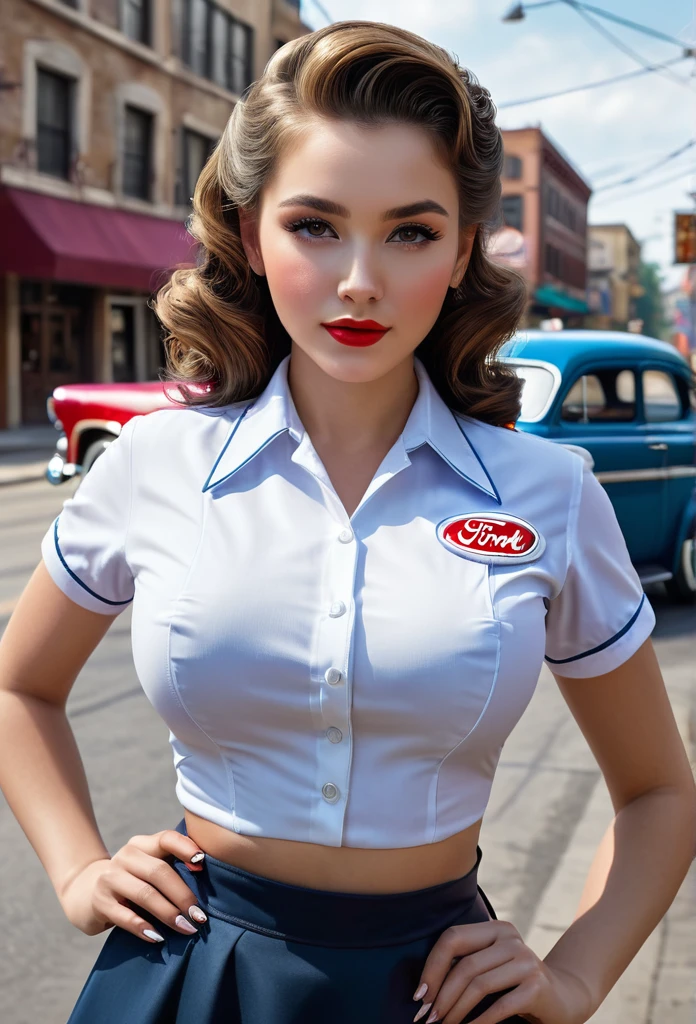 Generates a high quality image, masterpiece, extreme details, ultra definition, extreme realism, high quality lighting, 16k UHD, a beautiful girl, huge breasts, 1950 waitress uniform, a next car ford 1950 in the street