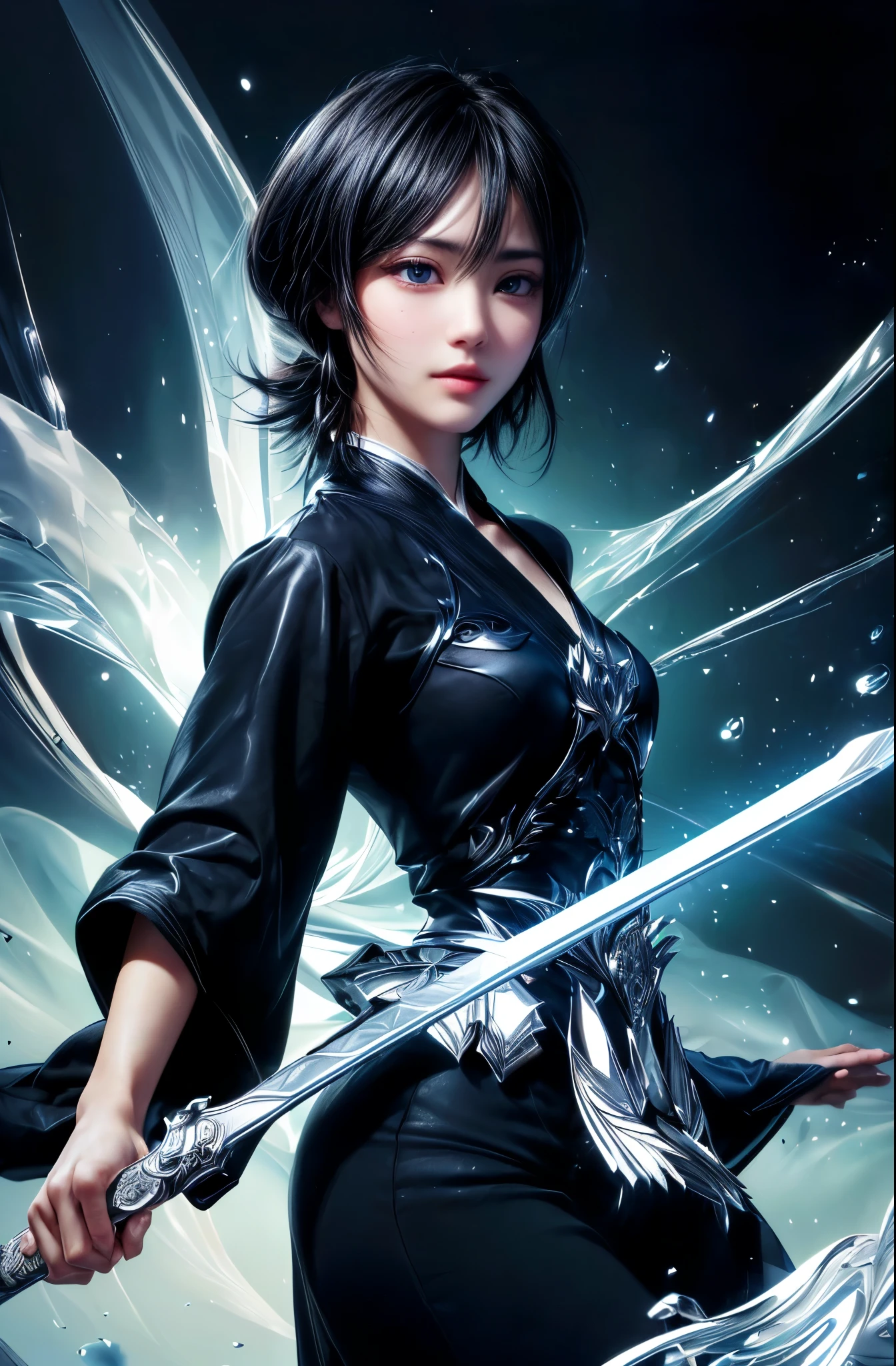 Close-up of a woman holding a sword in a dark room, she is holding a knife sword, unsheathing her knife, knife, knife zero, knife zero video game character, inspired by Kusumi Morikage, Artgerm Comics, Amazing Anime 8K, She has a sword, zenescope，（8K，RAW Photos），（Best Quality），（Masterpiece Loose），（Realistic，）（写実的でRealistic），（High resolution），Hyper Detail，（Gentel Realism：1.1），Beautiful Face， （1 Female：1.1），High resolution), (8k), (Very detailed), (4K), (Pixiv), Perfect Face, Beautiful eyes and face, (highest quality), (Very detailed), Detailed face and eyes, (alone), Textured skin, Absurd, High resolution, 