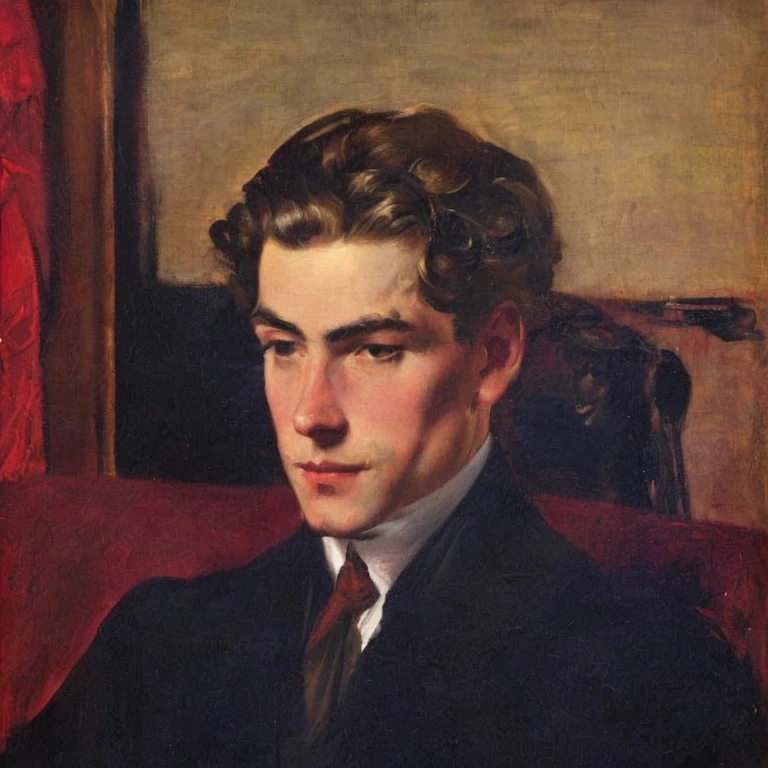 pintura de un hombre con traje y corbata sentado en una silla, retrato tonalista, retrato de archie andrews, Thomas, estilo sargento john cantante, malcom Liepke, Raphael Hopper, inspirado por Harry Shoulberg, inspired by León Kroll, charles, Liepke, retrato, de, joven, sargent and raffaelo monti, retrato de un guapo