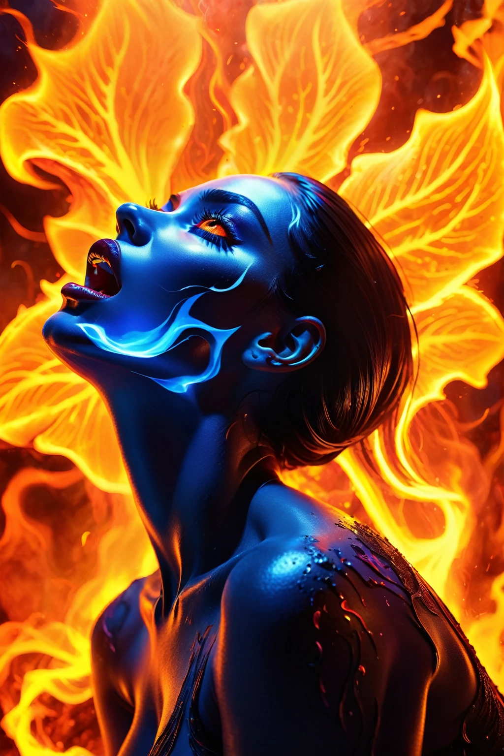 A girl with a body made of lava, featuring a Dracula Orchid pattern. (best quality, ultra-detailed), (realistic), vibrant colors, intense lighting, lava-like texture, hauntingly beautiful composition, surreal atmosphere, contrasting dark shadows, mesmerizing glow, detailed facial features, flowing lava tendrils, fiery eyes, ethereal presence, intricate floral patterns, mysterious aura." lava lady, street fighter style, 1girl, incredibly detailed, hyper realistic, highly detailed, incredibly sharp focus, cinematic lighting, volumetric lighting, dynamic pose, intense expression, rippling magma skin, molten rock body, glowing eyes, fire energy, dramatic smoke effects, neon cyberpunk city background, vibrant colors, cinematic camera angle