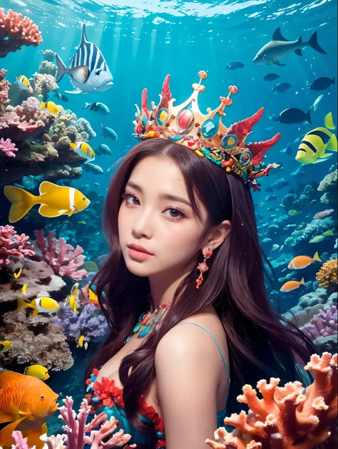 a young girl, 15 years old, in a vibrant sea, surrounded by diverse marine life, colorful coral, and many tropical fish, dressed as a mermaid, wearing a luxurious crown, looking at the viewer, with flowing long hair and long eyelashes, detailed facial feat...