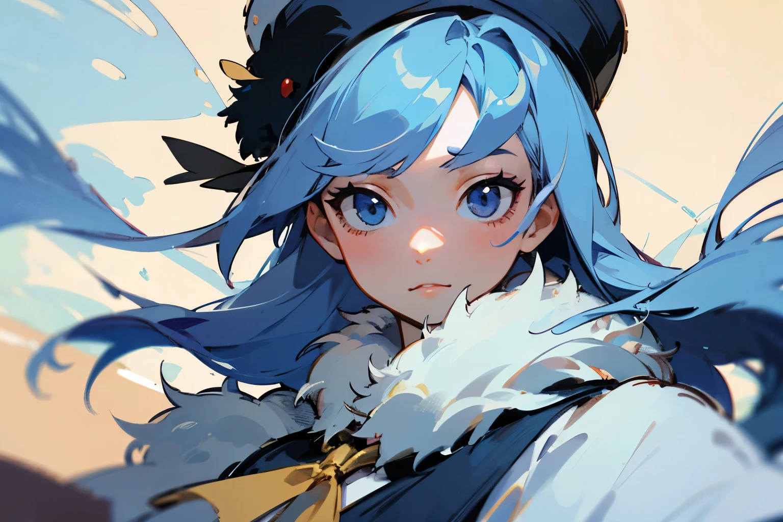 ((Better Quality)), ((Artwork)), (be familiar with), 完璧なface、face、masterpiece, highest quality, High resolution, Drifters, Long Hair, Blue hat, fur-trimmed hat, Capelet, 