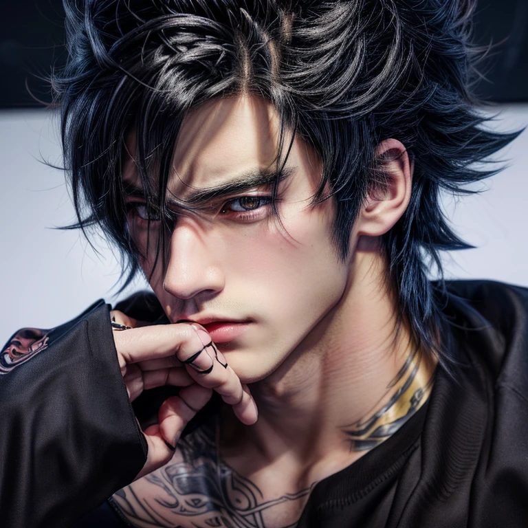 Cara de anime, Estilo de anime masculino, Ilustração digital de anime, personagem de estilo anime, estilo de realismo de anime, bonito japanese demon boy, arte detalhada de personagem de anime, arte digital detalhada de anime, estilo de arte de anime realista, obras de arte no estilo de guweiz, retrato estilo anime, bonito anime pose, feito com estúdio de pintor de anime, tatuagens, bonito, mão atrás da cabeça