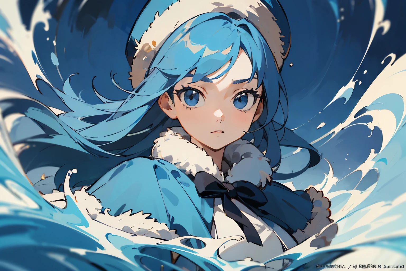 ((Better Quality)), ((Artwork)), (be familiar with), Facing forward、完璧なface、face、masterpiece, highest quality, High resolution, Drifters, Long Hair, Blue hat, fur-trimmed hat, Capelet, She is water