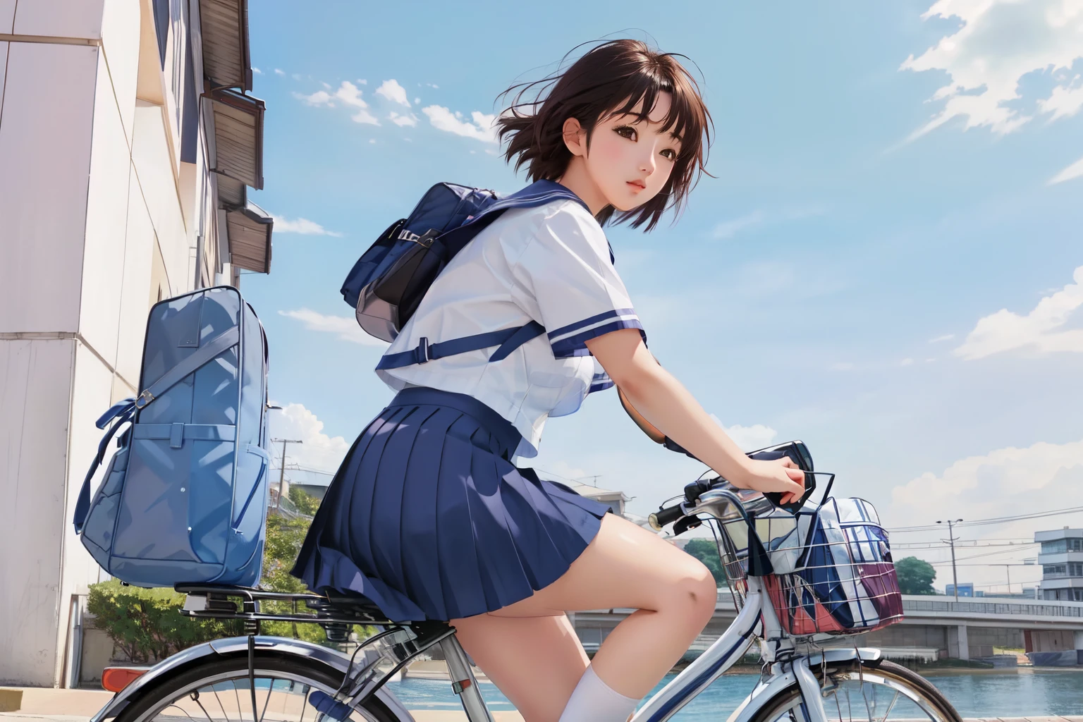 (Meisterwerk, höchste Qualität:1.2), Wirklichkeit、4K Anime-Kunst、High-School-Mädchen auf dem Fahrrad, allein、ganzer Körper、Kurzes Haar、weißer Matrosenanzug，langer Faltenrock、von der Seite、