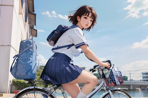 (masterpiece, highest quality:1.2), Reality、4K Anime Art、High school girl riding a bicycle, alone、whole body、Short Hair、White Sa...