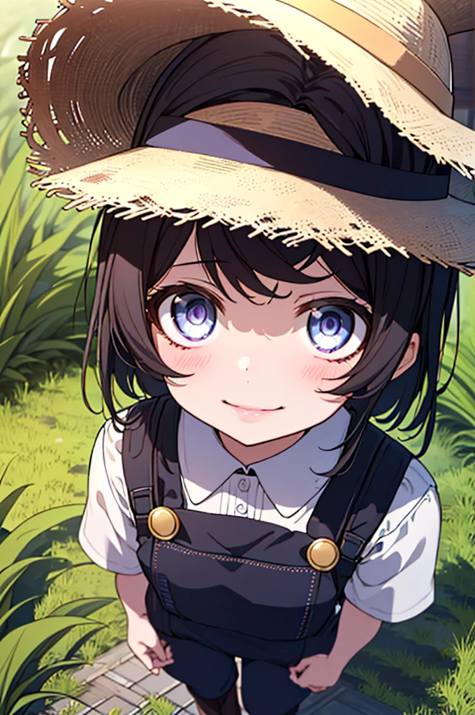 (((pixel perfect, Perfect in every detail))), alone, 1 girl, Hanayo Koizumi, brown hair,short hair,purple eyes,looking at the viewer, smile,straw hat,concealment of work　overalls,rice planting boots,Paddy field,Rice cultivation,Sunny,countryside,(masterpiece:1.2), highest quality, High resolution, unity 8k wallpaper, (shape:0.8), (beautiful and detailed eyes:1.6), highly detailed face, perfect lighting, Very detailed CG, (perfect hands, perfect anatomy),