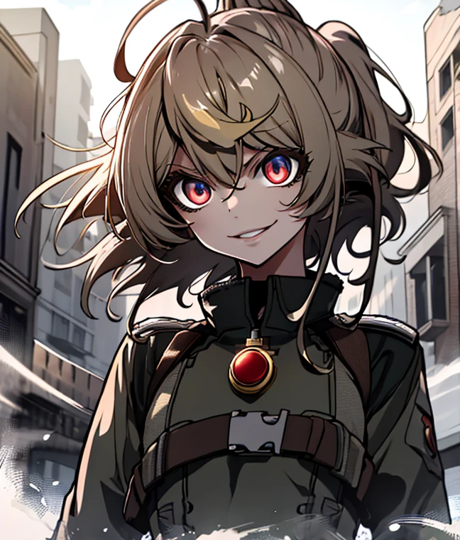 (masterpiece, best quality: 1.1), 1girl solo, tanya, 1girl, solo, , flat chest, small breasts, curvy, military, military uniform, ,, evil smile, wicked expression, anger, red eyes, neutral lighting