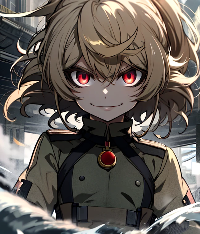 (masterpiece, best quality: 1.1), 1girl solo, tanya, 1girl, solo, , flat chest, small breasts, curvy, military, military uniform, ,, evil smile, wicked expression, anger, red eyes, neutral lighting