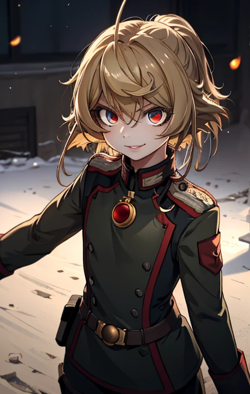 (masterpiece, best quality: 1.1), 1girl solo, tanya, 1girl, solo, , flat chest, small breasts, curvy, military, military uniform, ,, evil smile, wicked expression, anger, red eyes, neutral lighting