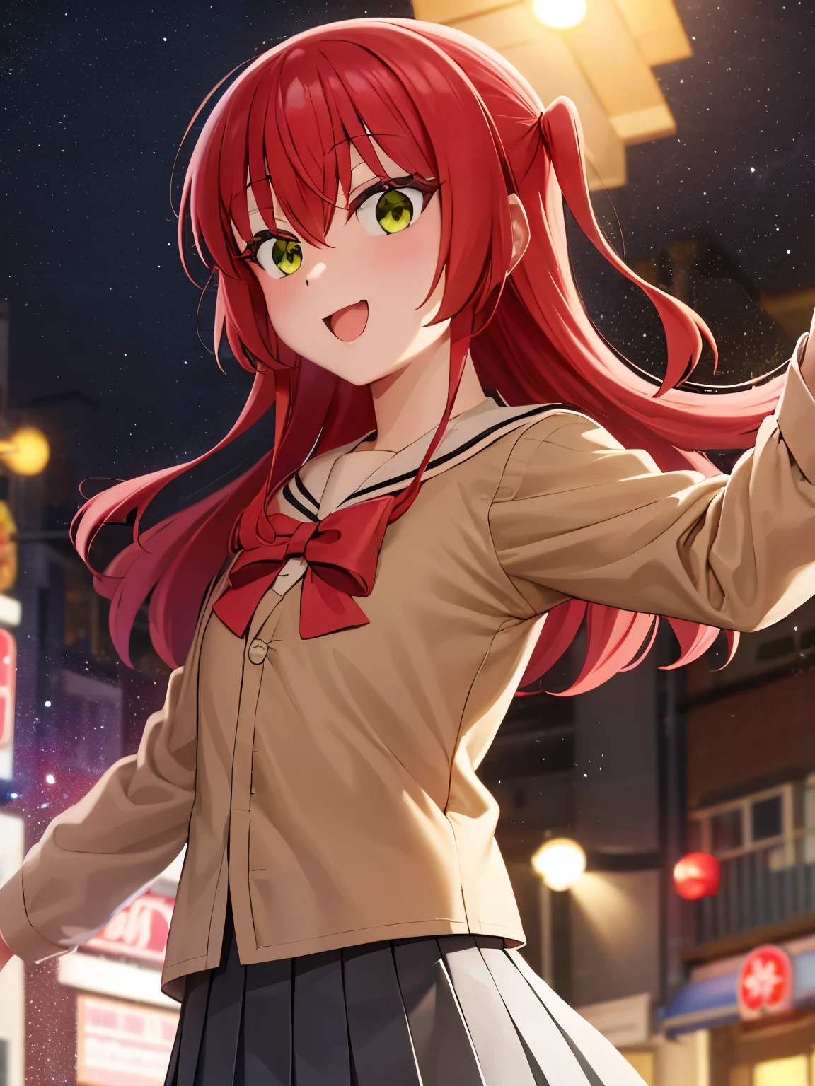 aaikuyo, long hair, one side up, , sailor collar, red bowtie, (brown shirt:1.2), buttons, long sleeves, pleated skirt, black skirt, A city scape, face of happiness, smile mouth 